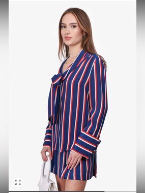 ALICE + OLIVIA Striped Navy Tie-Neck Top and Short Set - Navy, Red, White